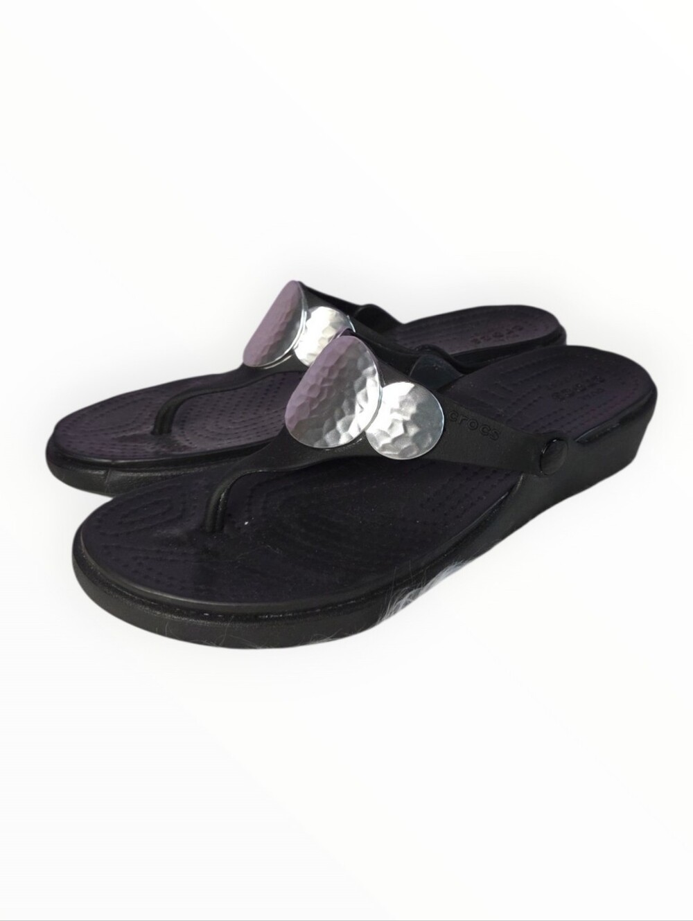 Crocs 10 Black Women's Thong Sandals with Silver Accents